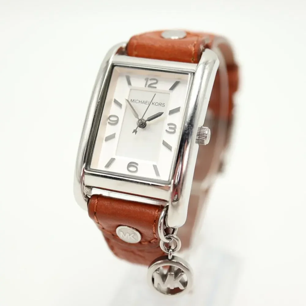 Michael Kors Taylor Tank 26mm Silver Tone Watch Brown Leather w New Battery